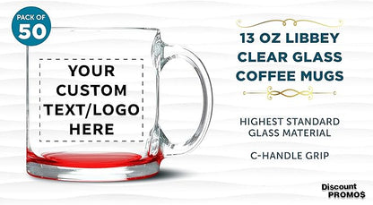Custom Libbey Clear Glass Coffee Mugs 13 oz. Set of 50, Personalized Bulk Pack - Perfect for Coffee, Tea, Espresso, Hot Cocoa, Other Beverages - Red Bottom