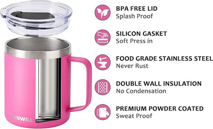 SUNWILL Travel Coffee Mugs Set of 4, Insulated Tumbler with Lid, 14oz Stainless Steel Cup with Handle Bulk for Gift, Camping, Office, Powder Coated Charcoal, Royal Blue, Magenta, Yellow