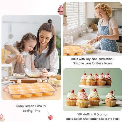 Silicone Muffin Pans for Baking 1 Pack, 2.6 Inch with Metal Reinforced Frame, Regular Size Nonstick Silicone Cupcake Pan for Baking Homemade Muffins, Cupcakes, Dishwasher Safe BPA Free-Yellow