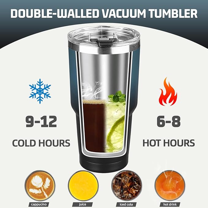 30 oz Tumbler with Lids and Straws, Stainless Steel Insulated Coffee Tumbler, Double Wall Vacuum Insulated Travel Mug Cup, Leakproof Thermal Coffee Cup for Hot and Cold Drinks (Blue Black)
