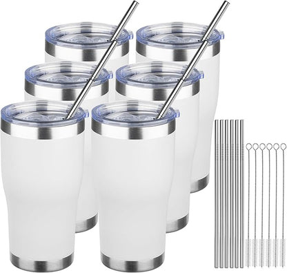 MEZMUT 20oz Coffee Tumbler with Lid and Straw Double Wall Vacuum Insulated Cup Stainless Steel Travel Mugs Insulated for Hot Cold Leakproof Powder Coated Tumbler for Indoor Outdoor(White, 6)