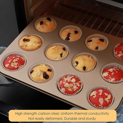 12-Cup Muffin Pan Tin for Baking, 2 Packs Nonstick Cupcake Pan Tin, Cup Cake Tray, Cheesecake Pans, Gold