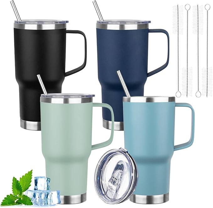 20oz Insulated Tumbler with Handle Stainless Steel Travel Coffee Mug with Lid and Straw Double Wall Vacuum Leak-proof Reusable Thermal Water Cup for Hot and Cold Drinks (Multicolor-1,4 Pack)