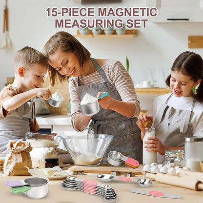 15-Piece Stainless Steel Measuring Cups and Spoons Set, Strong Magnetic Nesting Design 7 Cups 7 Spoons with Leveler, Double Measurement Markings for Dry & Liquid Ingredients, Pink & Colorful