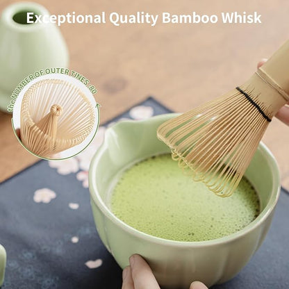 Matcha Whisk Set of 8 - HTRCXB Ceramic Matcha Set, Include Matcha Bowl, Matcha Whisk and Holder, Bamboo Scoop, Measuring Spoon, Scoop Rest, Sifter and Tea Towel - Matcha Kit Gift for Matcha Lovers