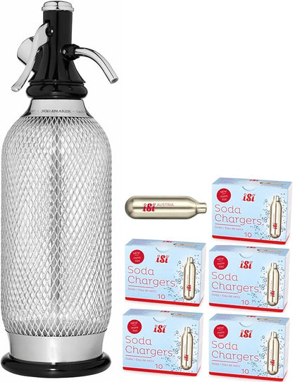 iSi North America Classic Sodamaker Set with Soda Siphon Chargers, 50-Pack - Stainless Steel 1-Quart Sparkling Water System & CO2 Carbonation Chargers for Carbonated Drinks, Juices, Cocktails