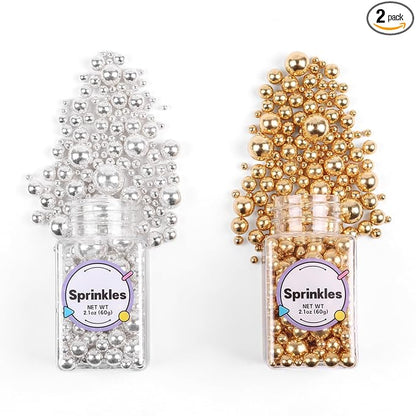 Pearl Sprinkles for Cake Decorating, Gold Pearl Sprinkles, Sliver Pearls Sprinkles, Sugar Pearls, Metallic Sprinkles Mix for Cake, Cupcakes, Macaron, Ice Cream, and Cookies. (120g/4.2oz)