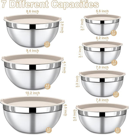 Mixing Bowls with Lids Set - 7 Piece Khaki Nesting Stainless Steel Mixing Bowls for Kitchen, Sizes 4.5, 4, 3.5, 2.1, 1.5, 1.1, 0.7 Qt for Baking, Cooking and Serving, Dishwasher Safe