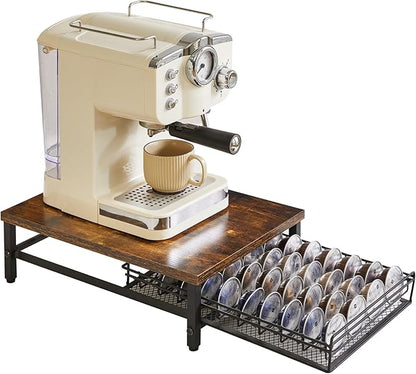 IBUYKE Coffee Pod Drawer Holder,40 Capsule Pods,Compatible for Nespresso Vertuo Pods,Wooden Top and Mesh Shelves,Home Kitchen Counter Coffee Bar Organizer, Rustic Brown,TCJ101H