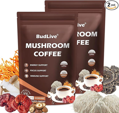 Organic Mushroom Coffee with Lion's Mane, Reishi & Cordyceps – 6 Mushroom Adaptogen Blend for Focus, Energy, Digestion & Immune Support, Low Acid Instant Coffee Powder, 30 Servings