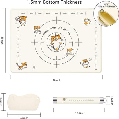 28x20 Inch Extra Thick Silicone Pastry Board, Silicone Baking Mat with Measurements, Non-slip Silicone Mat, Kneading Counter Mat, Non-Stick Dough Mat with Edge Heightening