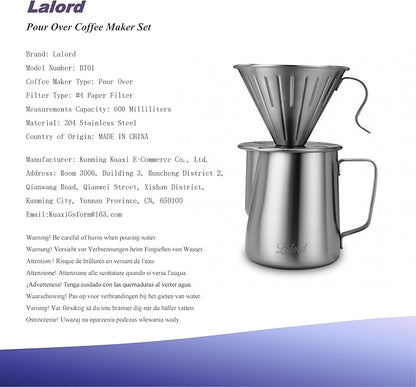 Pour Over Coffee Maker Set, 304 Stainless Steel wIth 100 pcs Size 02 Cone Paper Filters & 600ml Milk Frothing Pitcher, for Home & Camping