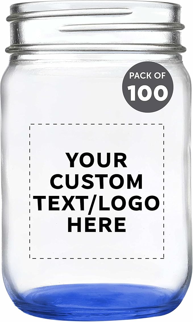 DISCOUNT PROMOS Custom Decorating Mason Jars 12 oz. Set of 100, Personalized Bulk Pack - Glass Jars for Overnight Oats, Candies, Fruits, Pickles, Spices, Beverages - Blue