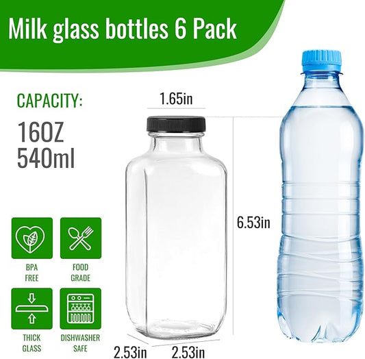 BIGIVACA 16 oz Glass Juice Bottles with Lids,6 PACK Bottles for Juicing,Square Drinking Jars Glass for Coffee,Cola,Milk,Tea in Travel,Work,School