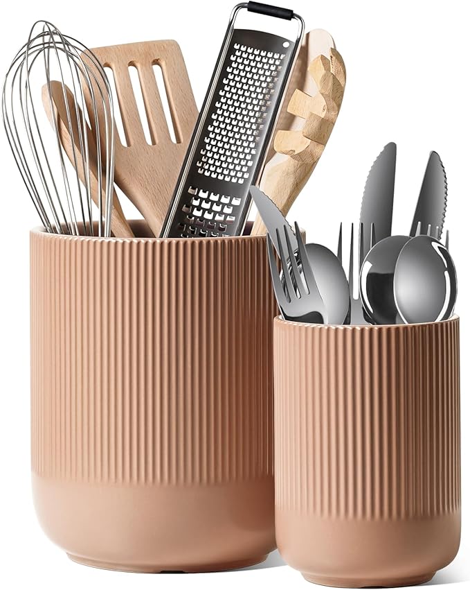 LE TAUCI Utensil Holder, 7.3"+5.4" Ceramic Kitchen Utensil Holder for Countertop, Large Cooking Utensil Crocks for Kitchen Counter, Morden Utensil Organizer for Spatula, Set of 2, Dusty Pink
