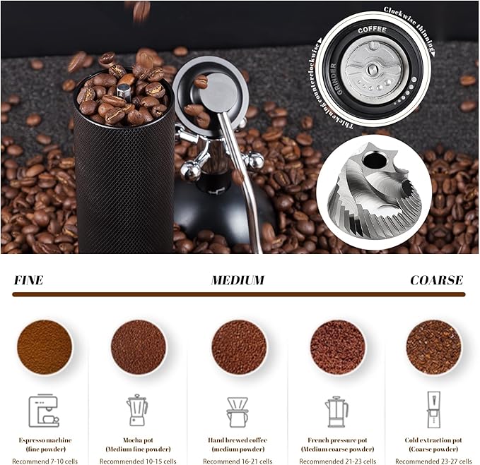 Generic Manual coffee grinder Capacity 25 grams, stainless steel tapered burrs - wooden handle - adjustable internal settings, dual bearing positioning, MCG2401, Black
