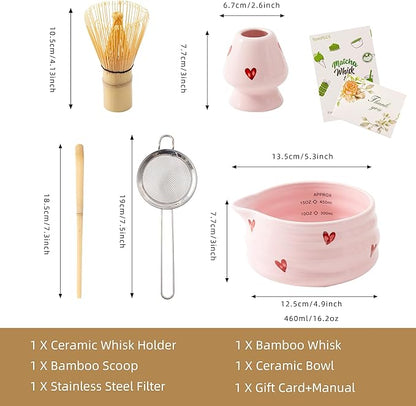 5pcs Premium Matcha Set,Ceramic Bowl with Spout and Bamboo Whisk set, Ceremonical Matcha Kit for breakfast/latte,Tea Starter Making Kit,Unique Matcha Gift set (pink love)