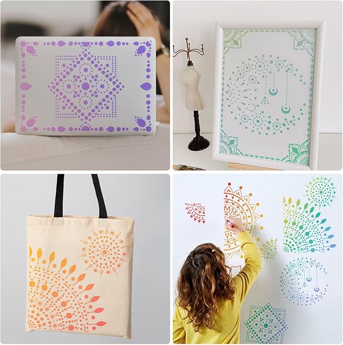A4 Mandala 4 Pack 11x8'' Mandala Stencils for Painting on Wood, Floor, Wall, Tile Fabric, Reusable Furniture Stencils Painting Template