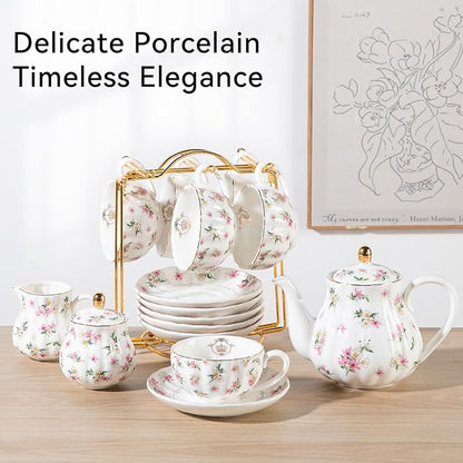 Porcelain Tea Sets British Royal Series, 8 OZ Cups & Saucer Service for 6, with Teapot Sugar Bowl Cream Pitcher Teaspoons and Tea Strainer, Suitable for High Tea, Wedding, Party（Spring Flowers）