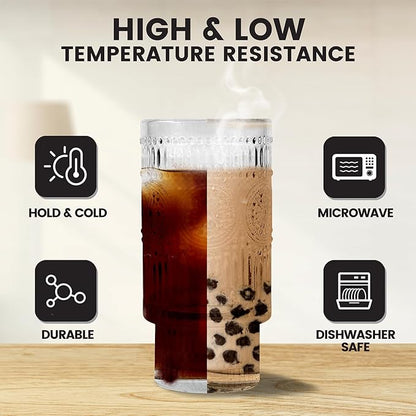 8 Pcs 16 oz Hobnail Glasses Cups Set with Bamboo Lids Straws Brush Hobonail Ribbed Glassware Set for Juice Iced Coffee Beer Cocktail Whiskey