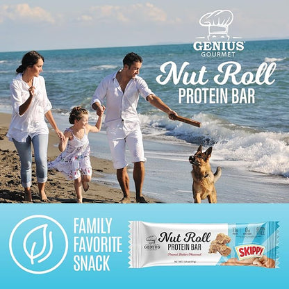 Genius Gourmet SKIPPY Peanut Butter Flavor Inspired Protein Nut Roll Bar,11g Protein per serving(18% DV), 0g Added Sugar, Carb Conscious Snack Bar, Gluten Free – 10 Count