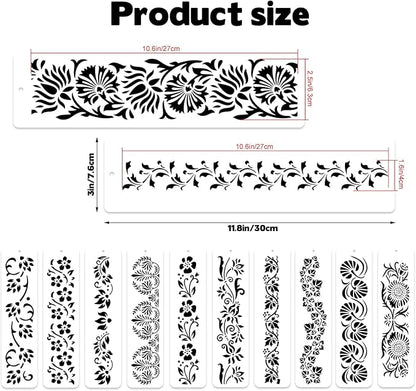 12 Pcs Large Flower Border Stencils for Painting, Reusable Plastic Floral Edge Baking Decorating Vine Stencil Tool, Painting Templates for DIY Cake Wood Wall Tile Furniture Canvas Craft, 3" x 11.8"