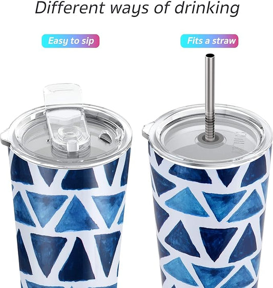 THILY Tumbler Stainless Steel Coffee Cup 26 oz Triple-Insulated Travel Mug with Splash-Proof Lid, for Iced Drinks and Hot Beverage Smoothies Cup, Blue Triangle