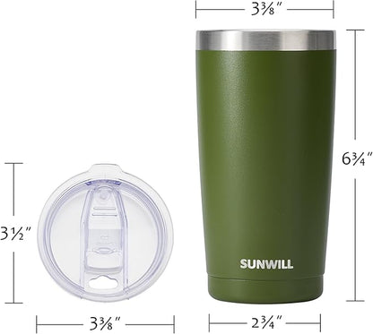 SUNWILL Travel Coffee Tumbler 20 oz, Insulated Mug with Lid, Stainless Steel Cup for Outdoor, Powder Coated Olive