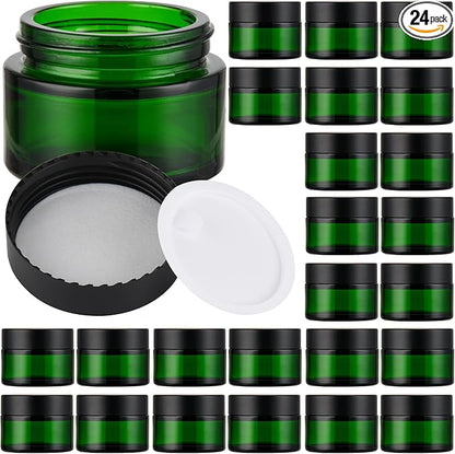 Glass Jars with Lids,Eco-Friendly Cosmetic Containers with Airtight Black Lids & Liners, Multi-Color Options for Cream, Lotion, Body Butter, DIY Skincare Travel Jars (Green, 1oz)