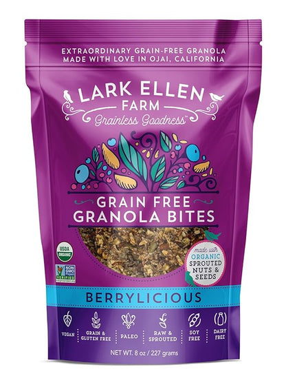 Lark Ellen Farm Grain Free Paleo Granola Bites Certified Organic Vegan Snacks and Cereal made from Sprouted and Activated Nuts and Seeds (Berrylicious, 8 Oz)