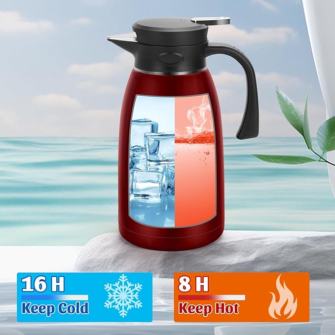 70oz Thermal Coffee Carafe, 2L Stainless Steel Thermos for Hot Drinks, Double Wall Vacuum Carafe for Hot Liquids Large Tea Thermos for Home School Office for Valentine's Day Burgundy