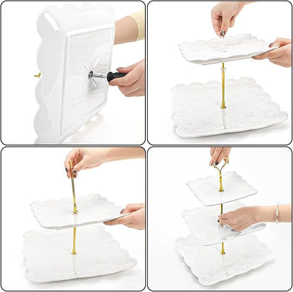 Tebery 2 Pack 3-Tier White Ceramic Embossed Dessert Cake Tower Stand with Gold Carry Handle, Cupcake Stand Serving Trays, Porcelain Party Food Server Display Holder