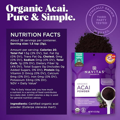 Navitas Organics Acai Powder – for Smoothie Bowls, Oatmeal, Dips, Sauces & More – Antioxidants, Omega 3 6 9, Fiber - USDA Organic, Non GMO, Kosher, Gluten Free, Keto (4oz. Bag, 38 Servings)