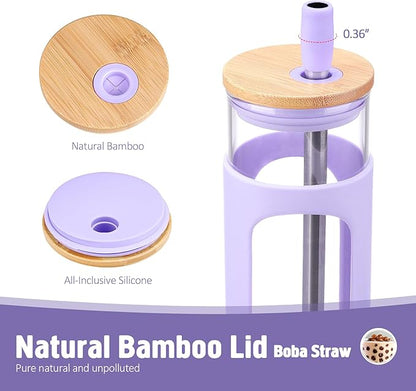 Kodrine 24oz Glass Tumbler with 2 Lids and Straws, Glass Cup With Bamboo Lid and On-the-go Lid, Reusable Iced Coffee Cup, Ideal for Smoothie, Cold Drinks, Fit Cup Holder, BPA Free (1, Purple)