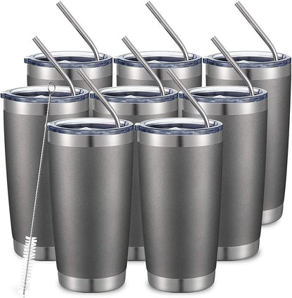 COMOOO 20oz/8Pack Tumbler Double Wall Vacuum Insulated Coffee Travel Mug Stainless Steel Tumbler with Lid and Straw Coffee Cup for Cold & Hot Drinks, Home and Outdoor (Cold Grey, 8 Pack)