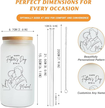 Mason Life Personalized Glass Cup with Name-Can Shaped Glass with Lids and Straws-18OZ Iced Coffee Cups (DAD)