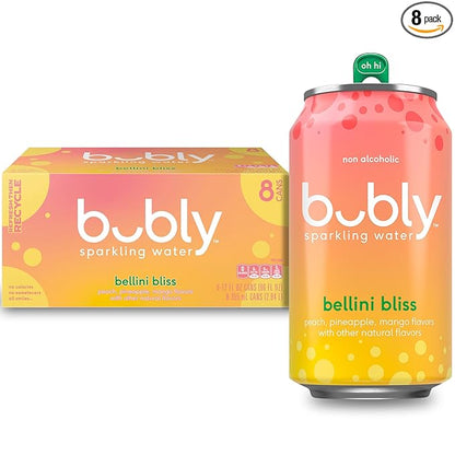 Bubly Sparkling Water, Bellini Bliss, Zero Sugar & Zero Calories, 12 fl oz Cans, (Pack of 8)