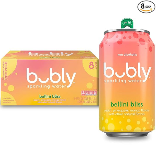Bubly Sparkling Water, Bellini Bliss, Zero Sugar & Zero Calories, 12 fl oz Cans, (Pack of 8)