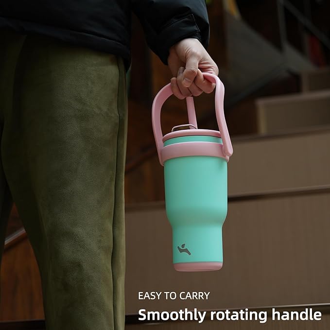 30 oz Tumbler with Side Handle, Insulated Water Bottle with Straw and 2 in 1 Lid, Stainless Steel Cup Travel Coffee Mug for Sports Office Gym,Olive Green