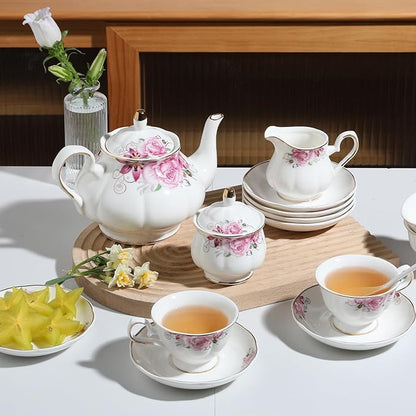 Sweejar Porcelain Tea Sets, Vintage British Floral Relief Gold Rimmed Teapot Cup and Saucer Set, Tea Set Service for 6, with Teapot, Sugar Bowl, Milk Jug, Spoons, Tea Cup and Saucer (Flower)