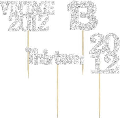Gyufise 24Pcs 13th Birthday Cupcake Toppers Glitter Thirteen Vintage 2012 Hello 13 Years Birthday Cupcake Picks Official Teenager 13 Cake Decorations for Happy 13th Anniversary Party Silver