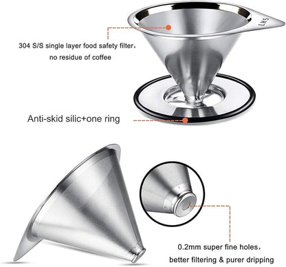 LHS Pour Over Coffee Dripper Stainless Steel Coffee Filter Metal Cone Filter Paperless Reusable Coffee Filter Single Cup Coffee Maker 1-2 Cup With Non-slip Cup Stand and Cleaning Brush