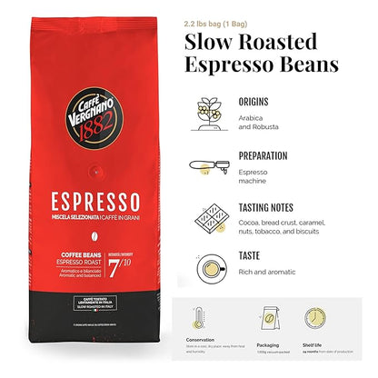 Caffe Vergnano 1882 Espresso Whole Bean Arabica Roast Coffee, 2.2 lb bag - Italian Medium Roast Coffee Beans with notes of Chocolate, Nuts & Caramel, Intensity 7/10-1000g Bag