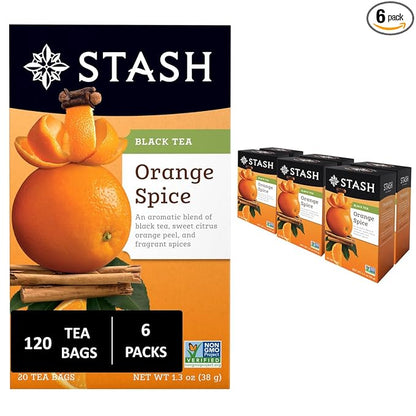 Stash Tea Orange Spice Black Tea - Caffeinated, Non-GMO Project Verified Premium Tea with No Artificial Ingredients, 20 Count (Pack of 6) - 120 Bags Total