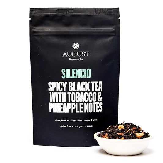 August Uncommon Silencio Loose Leaf Tea – Dried Pineapple, Cacao Shell and Assam Tea – Vegan, Gluten-Free, and Non-GMO South Indian Black Tea – Bold and Tropical Flavor in a Resealable Pouch (1.8oz)