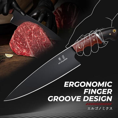 Japanese Chef Knife 8 Inch - Kitchen Knife Forged from a Single Piece of High Carbon ATS-34 Steel, Full-Tang Cooking Knife with Walnut Handle for Meat and Vegetables, Ideal Gift