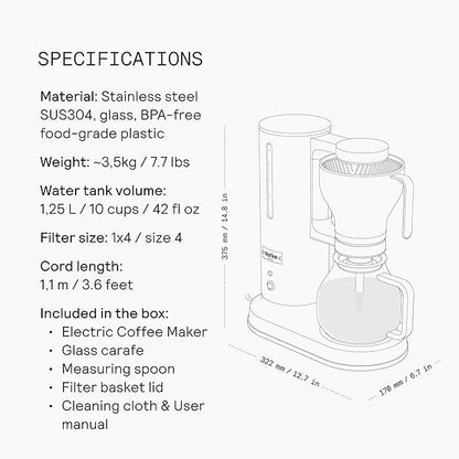 aarke Coffee Maker - Electric Drip Brewer with Automatic Drip-Stop, SCA-certified, Stainless Steel with 10 Cup/ 42 fl oz, Glass Carafe, Brews Full Pot in Under 6 Minutes