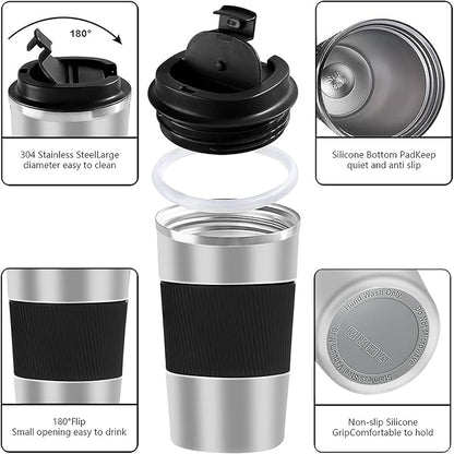YINBAOGE Insulated Travel Coffee Mug Spill Proof Leak Proof Pobtable To Go Camping Stainless Steel Coffee Tumbler Reusable Coffee Cups with Lids Thermos for Hot and Cold Drink (Silver black, 17 OZ)