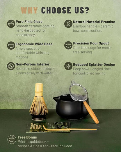 Nucookery Matcha Set - 5PCS Matcha Whisk Set, 18OZ Matcha Bowl (Chawan) with Spout, Matcha Whisk (Chasen) and Holder, Bamboo Matcha Scoop and Sifter, Matcha Kit/Tools/Accessories for Tea Ceremony