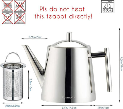 Easyworkz Stainless Steel Double Wall 34 oz Tea Pot with Removable Tea Infuser, Perfect for Brewing Your Favorite Tea, Chrome